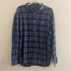 Calvin Klein Men's Navy and Light Blue Checkered Shirt